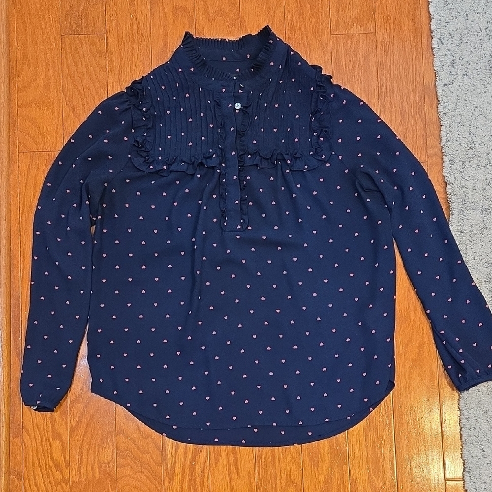 J.Crew Navy Heart Dot Blouse Ruffle Partial Button Front Size Small